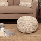 REDEARTH Round Pouf Ottoman –18"x18"x14" Hand-Knitted Cotton Pouffe –Cable Footstool –Boho Dori Hassock –Pre-Stuffed Poof – Extra Seat -Poofy Footrest for Living Room, Bedroom, Nursery, Nook –Ivory