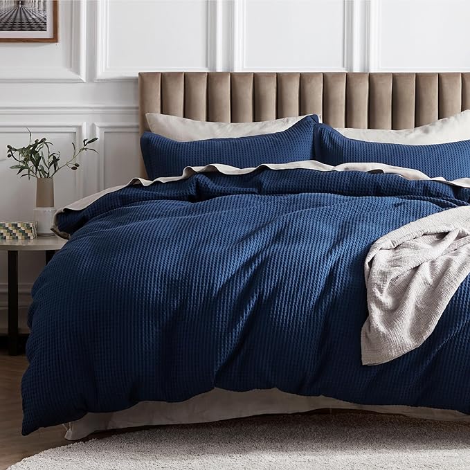 Bedsure Cotton Duvet Cover Queen - 100% Cotton Waffle Weave Navy Blue Duvet Cover Queen Size, GentleSoft™ and Breathable Bedding Set for All Season, 3 Pieces, 90"x90"