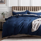 Bedsure Cotton Duvet Cover Queen - 100% Cotton Waffle Weave Navy Blue Duvet Cover Queen Size, GentleSoft™ and Breathable Bedding Set for All Season, 3 Pieces, 90"x90"