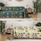 Boho Throw Blanket Twin Size, Soft Cozy Cotton Muslin Quilt Blanket for Bed Decor, Bird Patterned Couch Sofa Chair Cover, Vintage Farmhouse Cottage Tapestry Woven Blanket, Green&Beige