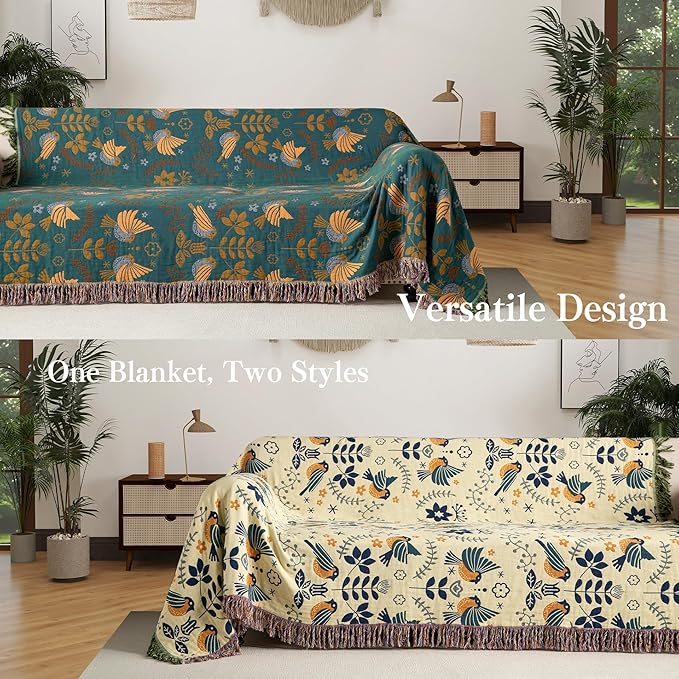 Boho Throw Blanket Twin Size, Soft Cozy Cotton Muslin Quilt Blanket for Bed Decor, Bird Patterned Couch Sofa Chair Cover, Vintage Farmhouse Cottage Tapestry Woven Blanket, Green&Beige
