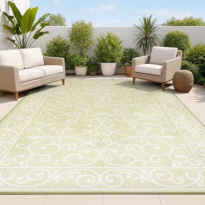 JONATHAN Y Vintage Filigree Indoor Outdoor Area Rug 4X6 Green/Cream, Charleston Textured Weave for Backyard, Patio, Porch, Easy-Cleaning, High Traffic, Pet-Friendly, Non-Shedding (SMB106H-4)