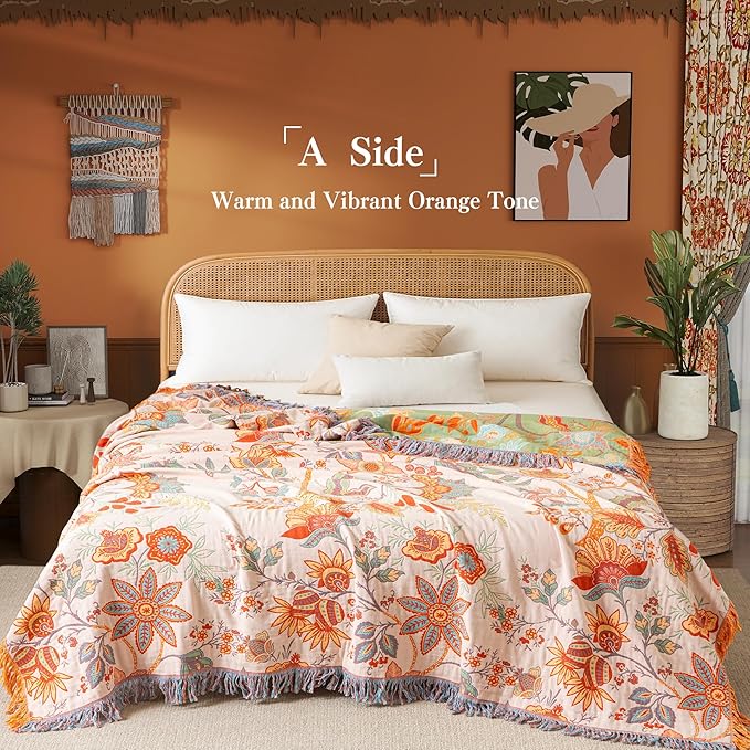 Boho Throw Blanket Twin Size, Soft Cozy Cotton Muslin Quilt Blanket for Bed Decor, Floral Patterned Couch Sofa Chair Cover, Vintage Farmhouse Cottage Tapestry Woven Blanket, Coral&Green