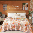 Boho Throw Blanket Twin Size, Soft Cozy Cotton Muslin Quilt Blanket for Bed Decor, Floral Patterned Couch Sofa Chair Cover, Vintage Farmhouse Cottage Tapestry Woven Blanket, Coral&Green