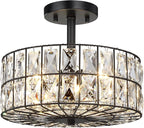 Modern Crystal Pendant Light Fixture Farmhouse Round Semi Flush Mount Ceiling Lights, Drum Shade 3LT Ceiling Lamp for Kitchen Island Dinning Room Bedroom, Hallway Black Finish