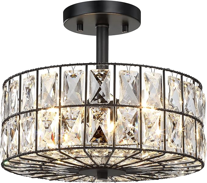 Modern Crystal Pendant Light Fixture Farmhouse Round Semi Flush Mount Ceiling Lights, Drum Shade 3LT Ceiling Lamp for Kitchen Island Dinning Room Bedroom, Hallway Black Finish