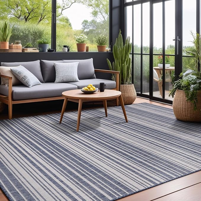 Stripe Outdoor Rug 9x12 Washable Outside Carpet for Indoor Patio Porch Waterproof Easy Cleaning Non Shedding Area Rugs Blue 9 x 12
