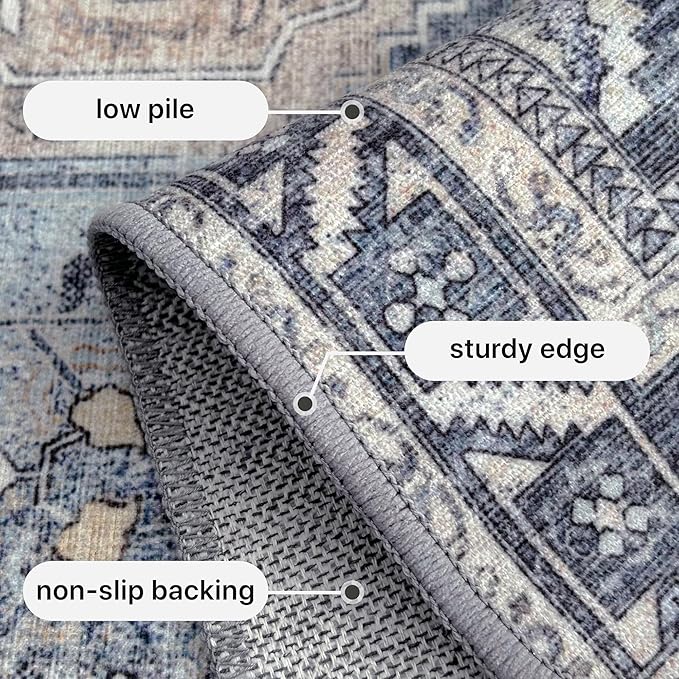 GENIMO 2x3 Area Rugs for Living Room, Machine Washable Non Slip Vintage Rugs, Low Pile Lightweight Chenille Print Rug for Bedroom, Dining Room, Home Office, Brown Blue