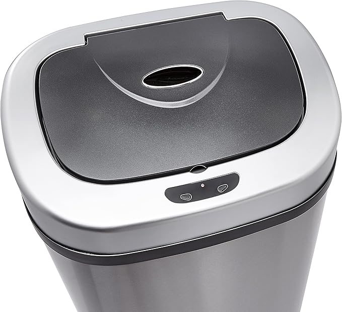 Amazon Basics Automatic Trash Can with Lid, Hands-Free, Stainless Steel, D-Shaped 80 l, 2 Bins