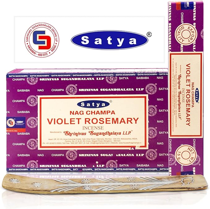 Satya Violet Rosemary Incense Sticks 180 gm (15GM X 12 Pack) from Satya Sai Baba Nag Champa and Raajsee Incense Sticks Holder Bundle, Free from Chemicals,Natural Insenses