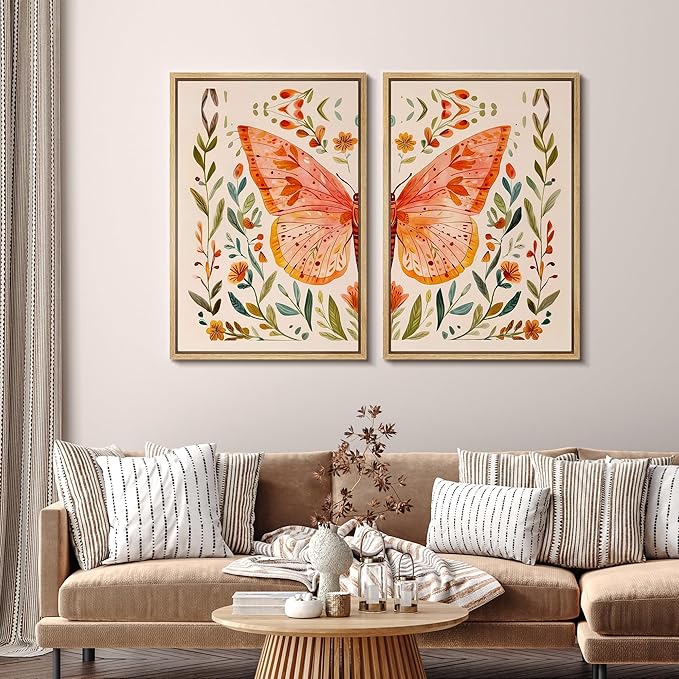 SIGNFORD Framed Canvas Print Wall Art Set Whimsical Butterfly and Florals Colorful Nature Illustration Modern Art Decorative Nordic Nature for Living Room, Bedroom, Office - 24"x36"x2 Natural