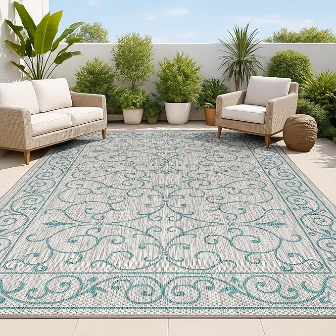 JONATHAN Y Vintage Filigree Indoor Outdoor Area Rug 8X10 Gray/Teal, Charleston Textured Weave for Backyard, Patio, Porch, Easy-Cleaning, High Traffic, Pet-Friendly, Non-Shedding (SMB106E-8)