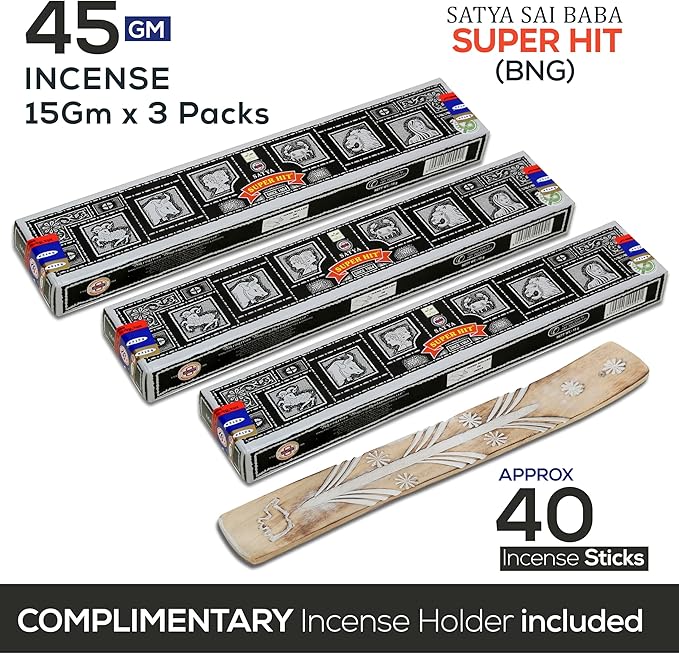 Satya Super Hit Incense Sticks, Satya Bng (Bangalore) 15gmx3 Pack (45 GMS) with Raajsee Insense Holder Bundle, Satya Nagchampa Natural