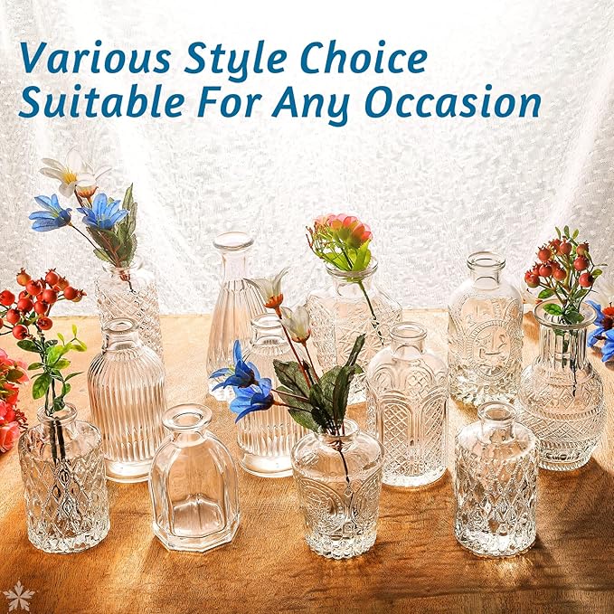 Glass Vase Bud Vase in Bulk Set of 12，Small Vintage Flower Bottle Petite Glass Flower Vase for Floral Arrangements, Decorative Centerpiece,Table Decor,Home Wedding Party