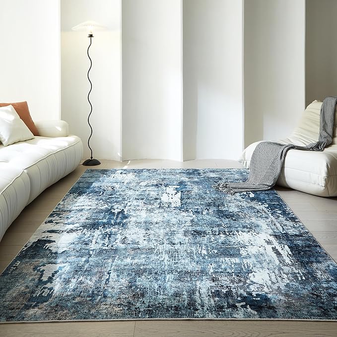 Rugcomf 6x9 Rug Washable Bedroom Rug Large Boho Rug Soft Area Rug Abstract Pattern Non-Slip Non-Shedding Faux Wool Vintage Rug for Living Room, Farmhouse, Dining Room, Kids Playroom, Blue