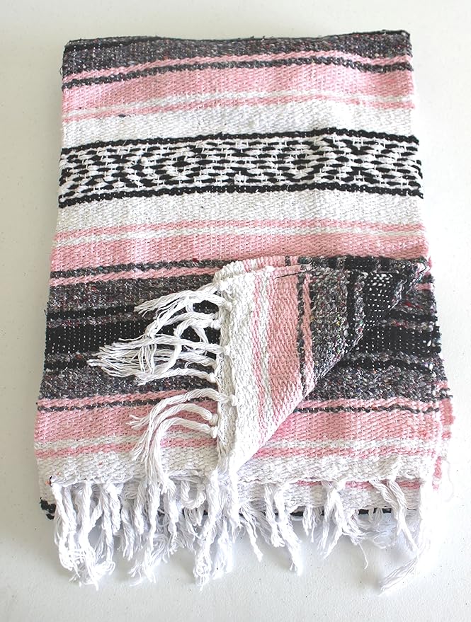 Del Mex Classic Mexican Blanket, Large Authentic Woven Falsa Throw (70"x50"), Artisan Southwest Décor for Beach, Yoga, Outdoors (Pink)