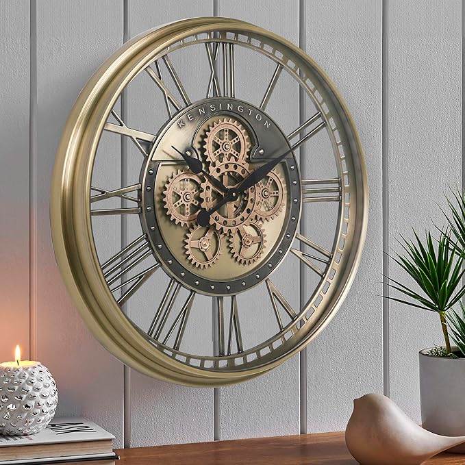 CLXEAST 28 Inch Gold Moving Gear Wall Clock for Modern Living Room Decor,Oversized Large Metal Roman Numeral Wall Clocks for Farmhouse Home Décor,House Warming Gifts New Home