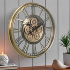 CLXEAST 28 Inch Gold Moving Gear Wall Clock for Modern Living Room Decor,Oversized Large Metal Roman Numeral Wall Clocks for Farmhouse Home Décor,House Warming Gifts New Home