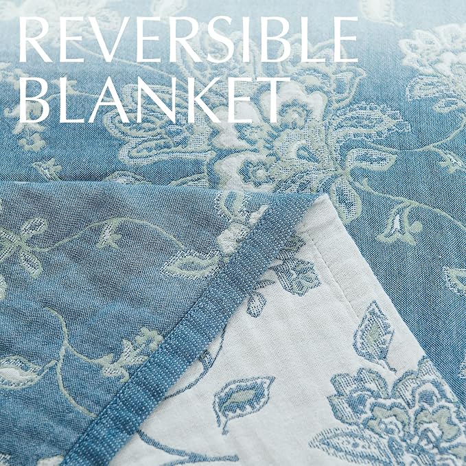jinchan Boho 100% Cotton Muslin Twin Size 50x60 Inches Blanket Lightweight 4-Layer Quilted Soft Blue and White Floral Throw Blanket Green Accents Reversible Comfy Flower Breathable Summer Couch