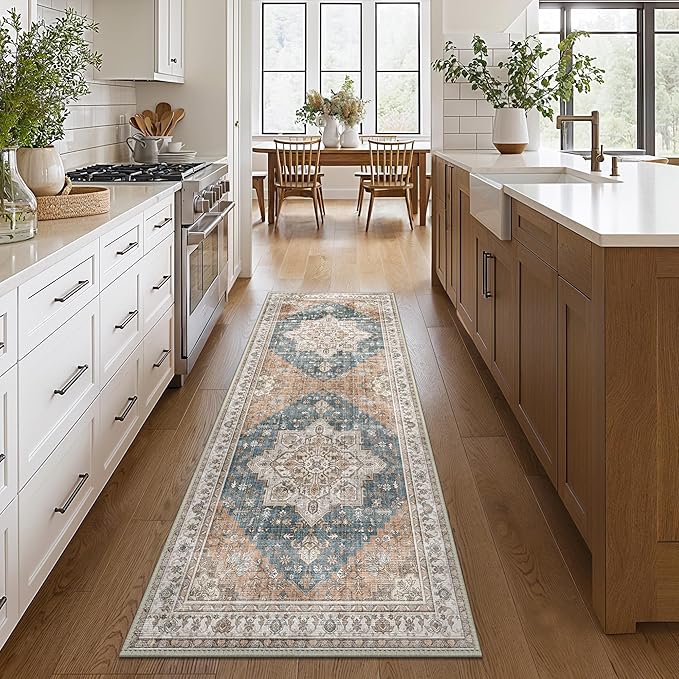 GENIMO 2x5 Runner Rugs for Hallway, Machine Washable Non Slip Vintage Rugs, Low Pile Lightweight Soft Print Rug for enrtyway, Corridor, Home Office, Kitchen, Blue Brown