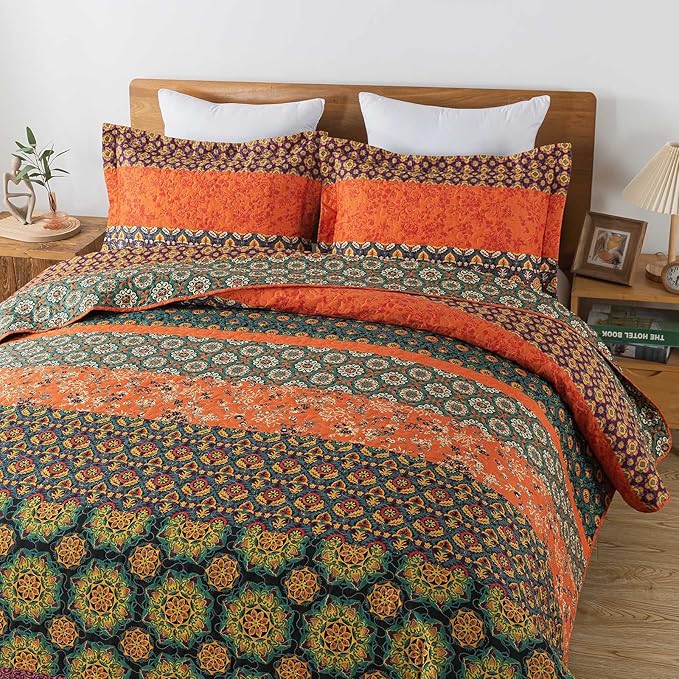 Travan Boho Stripe Quilt Sets Floral Printed Reversible Soft Bohemian Bedding Set with Shams for All Season, Orange Red Stripe, Queen Size