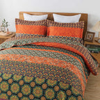 Travan Boho Stripe Quilt Sets Floral Printed Reversible Soft Bohemian Bedding Set with Shams for All Season, Orange Red Stripe, Queen Size