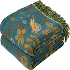 Boho Throw Blanket Full Size, Extra Large Soft Cozy Cotton Muslin Quilt Blanket for Bed Decor, Bird Patterned Couch Sofa Chair Cover, Vintage Farmhouse Cottage Woven Blanket, Green&Beige