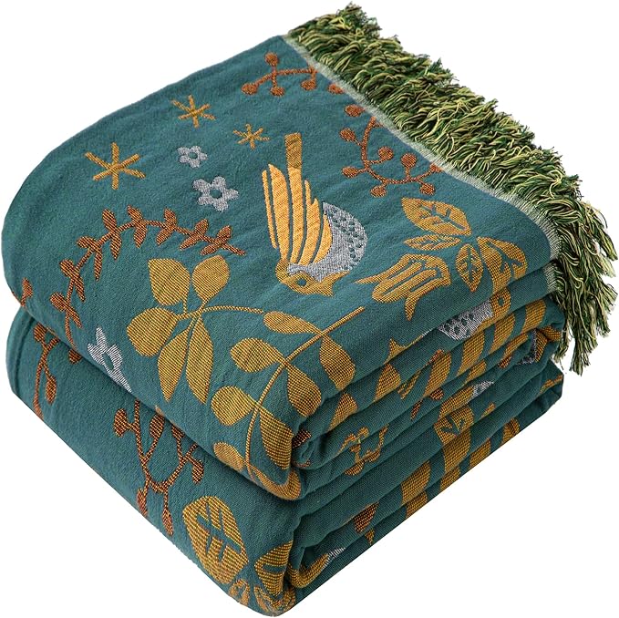 Boho Throw Blanket Twin Size, Soft Cozy Cotton Muslin Quilt Blanket for Bed Decor, Bird Patterned Couch Sofa Chair Cover, Vintage Farmhouse Cottage Tapestry Woven Blanket, Green&Beige