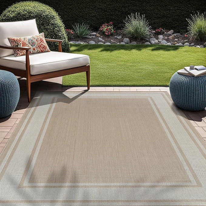 Beverly Rug Large Outdoor Rug 9x12 Modern Bordered Area Rugs for Indoor and Outdoor Patio Deck Porch Garden Waterproof Weather Sun Resistant Washable Outside Carpet (9 x 12 Beige)