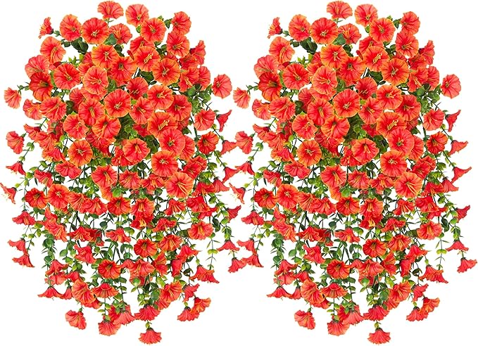 Artificial Faux Fall Hanging Flowers Plants for Outdoor Decor,2 PCS Fake Silk Morning Glory with Eucalyptus UV Resistant Realistic Mums for Wall Home Porch Patio Balcony Yard Indoor Decor, Orange