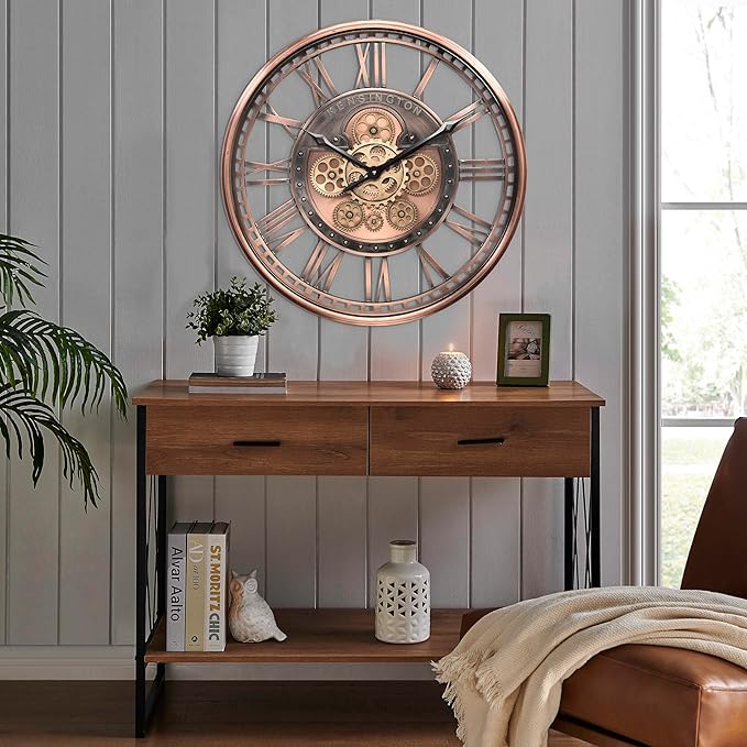CLXEAST 21 Inch Large Roman Numeral Wall Clock with Moving Gears,Farmhouse Copper Rose Gold/Copper Metal Wall Clocks for Living Room Decor,House Warming Gifts New Home