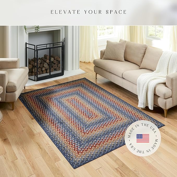 Maples Rugs Marion Bohemian Braided Design Print Area Rug – Made in USA – Low Pile, Non Slip Pet-Friendly Mat for Bedroom, Office, Living & Dining Room, 5' x 7', Multi-Color