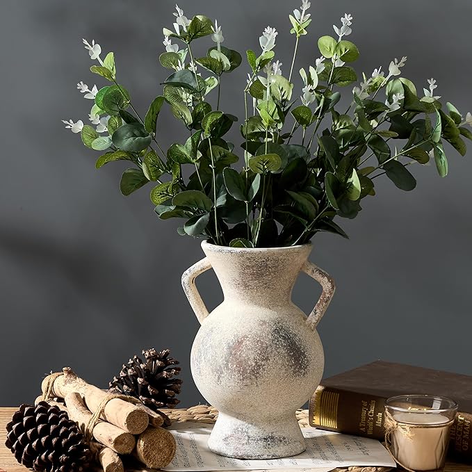 LUKA Antique Ceramic Vase with 2 Handle,9.25 inches Rustic Vase Minimalist Decor, Decorative Vases for Home Decor, Table, Living Room, Shelf, Christmas Decoration(Large,Gray)