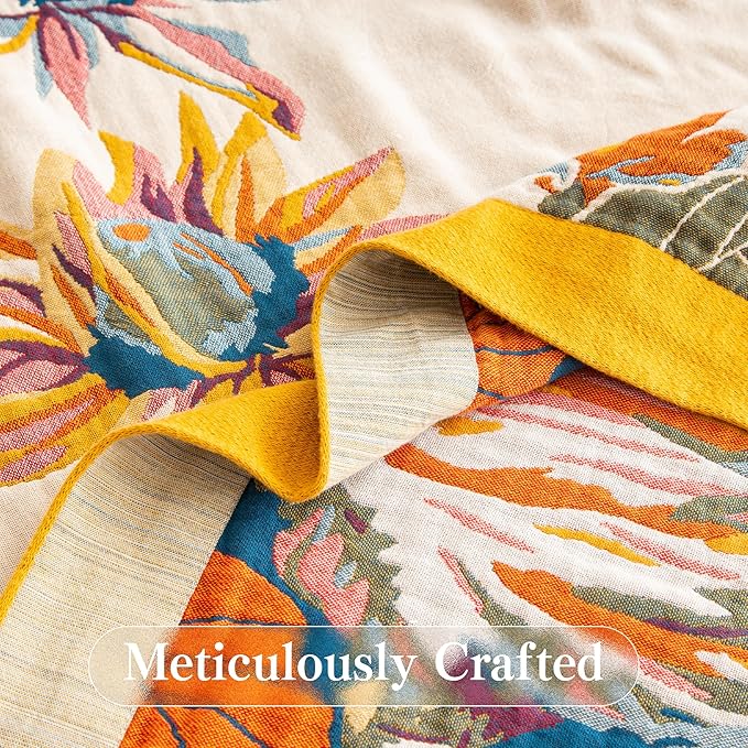Boho Throw Blanket Queen Size, Oversized Soft Cozy Cotton Muslin Quilt Blanket for Bed Decor, Floral Patterned Couch Sofa Chair Cover, Vintage Farmhouse Cottage Woven Blanket, Yellow&Blue