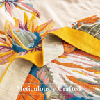 Boho Throw Blanket Twin Size, Soft Cozy Cotton Muslin Quilt Blanket for Bed Decor, Floral Patterned Couch Sofa Chair Cover, Vintage Farmhouse Cottage Tapestry Woven Blanket, Yellow&Blue
