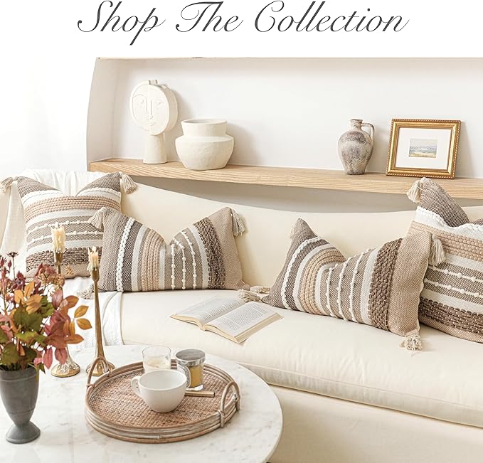 BlissBlush Brown Decorative Throw Pillow Cover 18x18 Square Boho Accent Pillowcase Tassels Farmhouse Cushion for Couch Sofa Bedroom Livingroom Home Décor Cover ONLY (Pack of 1)