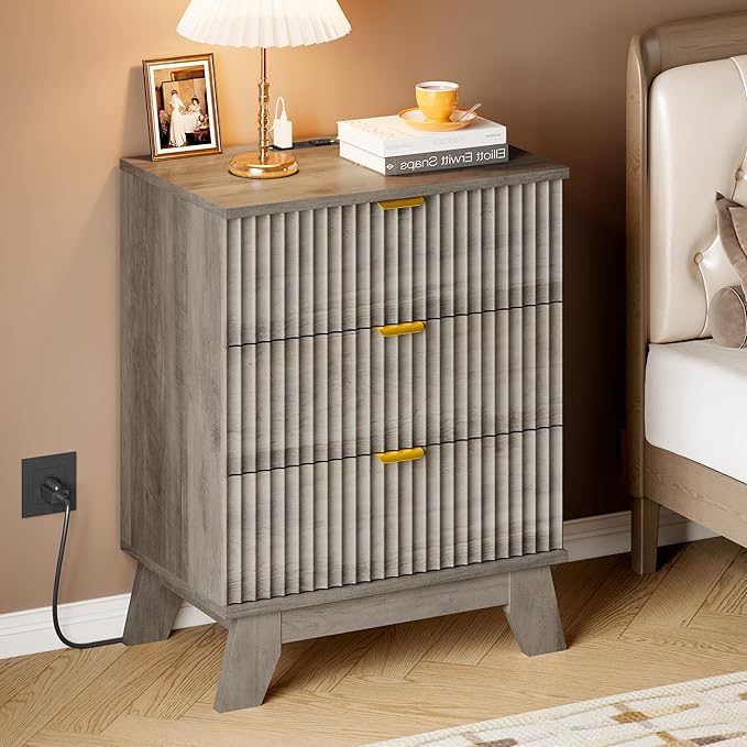 30.5" Nightstand with Charging Station, 3-Drawer Fluted Bedroom Chest, Wood Bedside Dresser with Power Outlets and USB Ports, Metal Slides, Stable Base, Modern Storage Cabinet for Small Spaces