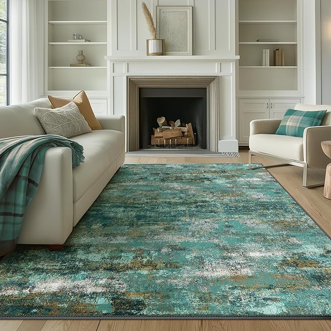 Machine Washable Rug 9x12 Area Rugs for Living Room Bedroom, Large Turquoise Abstract Area Rug Soft Throw Rugs, Low-Pile Floor Carpet with Non Slip Rubber Backing