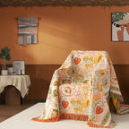 Boho Throw Blanket Full Size, Extra Large Soft Cozy Cotton Muslin Quilt Blanket for Bed Decor, Floral Patterned Couch Sofa Chair Cover, Vintage Farmhouse Cottage Woven Blanket, Coral&Green