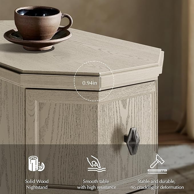 Nightstand with Charging Station, Vintage Wood End Table with 3 Drawer, Victoria Narrow Side Table, Slim Bedside Tables for Bedroom, Pre-Installation, Light Gray