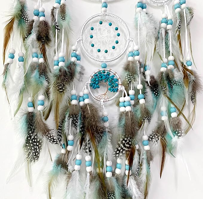 Large Dream Catchers,Boho Handmade Woven Turquoise Dream Catcher Wall Hanging Ornament for Bedroom Living Room Apartment Wedding Party Decor, Festival Blessing Gift (White+Turquoise)