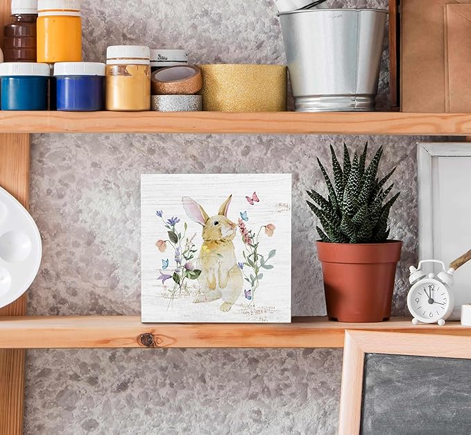 SRADMO Bunny Sign, Cute Bunny's Wood Box Sign Desk Decor, Easter Bunny Gifts for Kids, Easter Theme Wooden Block Box Sign Decoration for Home Office Shelf Table Decor