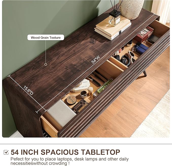 RedLemon 6 Drawers Dresser for Bedroom, 54'' Wide Mid Century Modern Wood Fluted Double Dresser, Chest of Drawers with Tapered Leg for Bedroom, Living Room, Hallway, Closet, Dark Walnut