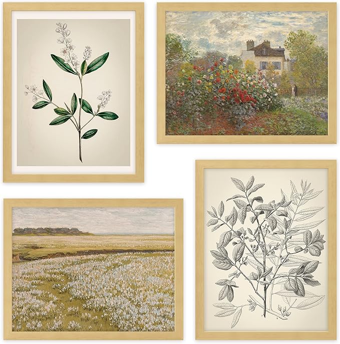 SIGNWIN Framed Poster Bathroom Decor 11"x14"x 4 Natural, Wall Art Room Decor Multicolor for Living Room, Bedroom, Office Autumn Spring Rustic Flower Landscape Classic Vintage Retro Illustrations