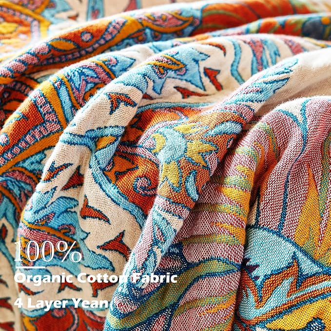 Boho Throw Blanket, 100% Organic Cotton Breathable Ultra Soft Bed Quilt Throw - All Season Floral Bird Butterfly Farmhouse Decor Blanket for Sofa Couch Chair and Gift. 50" x 60"
