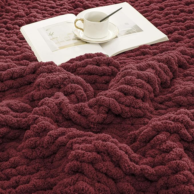 WESHIONGOO Chunky Knit Blanket Throw 40"×40" Knitted Throw Blankets for Couch Bed Fluffy Soft Blanket with Jumbo Chenille Yarn Thick 100% Handmade (Burgundy Red)