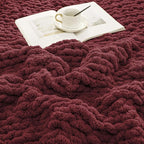 WESHIONGOO Chunky Knit Blanket Throw 40"×40" Knitted Throw Blankets for Couch Bed Fluffy Soft Blanket with Jumbo Chenille Yarn Thick 100% Handmade (Burgundy Red)