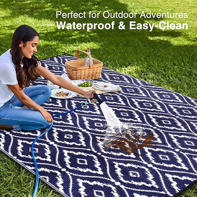 OLANLY Outdoor Rug 8x10 ft Waterproof, Outdoor Plastic Straw Rug with Geometric Pattern Clearance, Reversible RV Mat for Patio, Camping, Balcony, Deck, Backyard, Navy & White