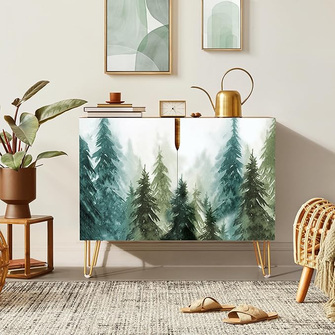 SIGNWIN Sideboard Buffet Cabinet, Kitchen Storage Cabinet with 2 Doors, Pastel Watercolor Pine Trees, Cupboard Console Table for Dining Room - 35" L x 18" W x 29" H