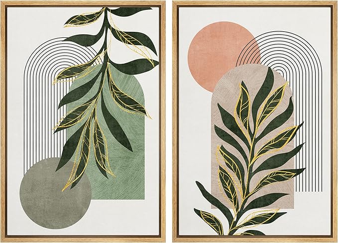 SIGNFORD Framed Canvas Print Wall Art Set Jungle Palm Leaf Geometric Polygons Abstract Shapes Illustration Modern Art Decorative Nordic Nature for Living Room, Bedroom, Office - 24"x36"x2 Natural